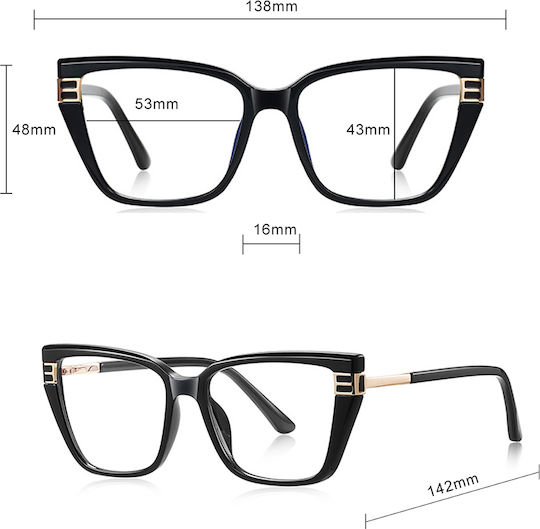 Techsuit Anti-Blue Light Glasses Reflex PC 2275 Women Rectangle TR90 & Metal Frame AC Lens Black Gold