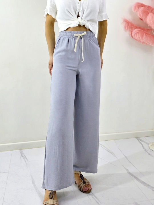 Women's High-waisted Fabric Capri Trousers Relaxed Fit Striped Grey