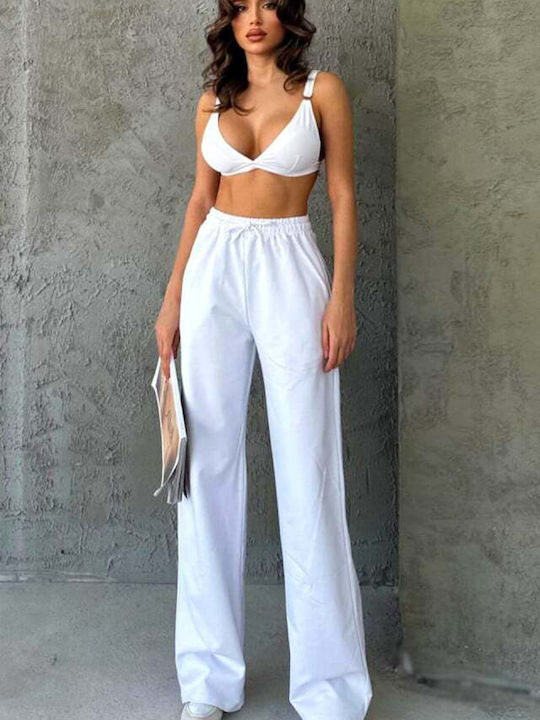 Dama Tesatura Pantaloni Evazați cu Croială Relaxată White