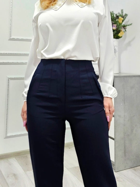 Dama Tesatura Pantaloni cu Croială Tapered Floral Albastru marin