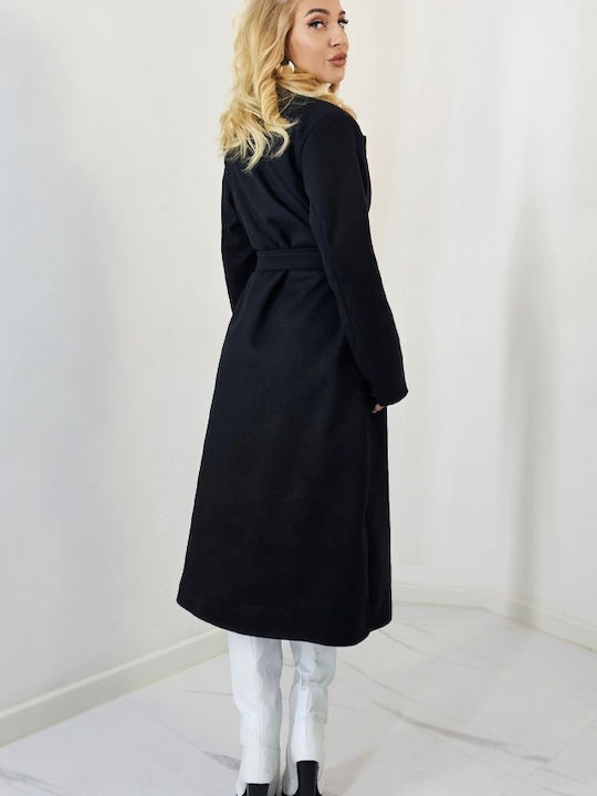 Women's Black Oversized Coat with Buttons