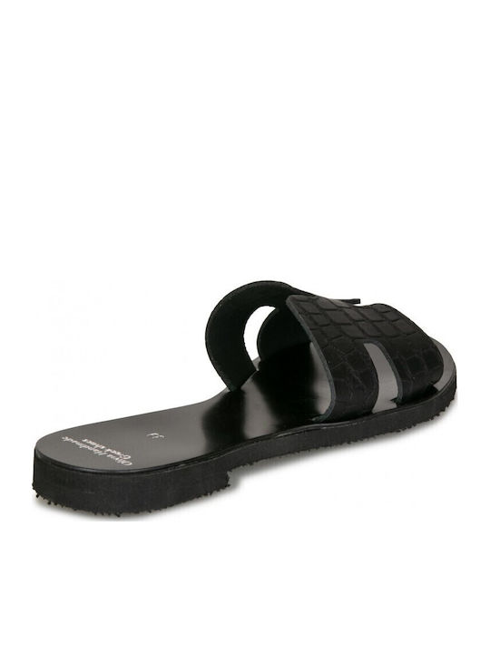 Leather Women's Flat Sandals in Black Color