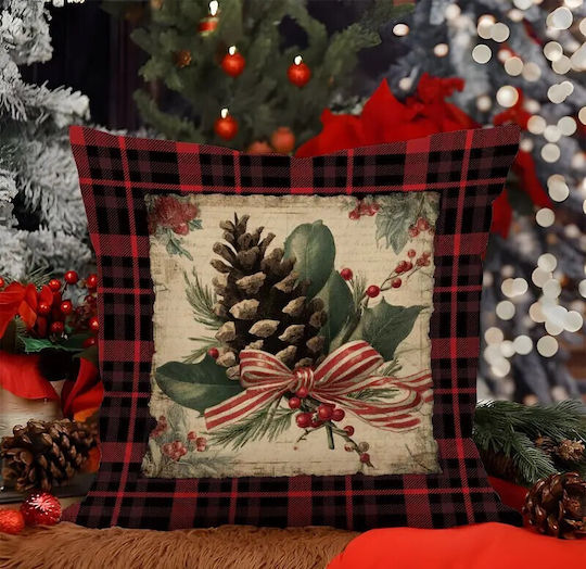 By Queen Limited Festive Edition Μαξιλαροθήκη Plaid Pinecone Ριγέ Κορδέλα