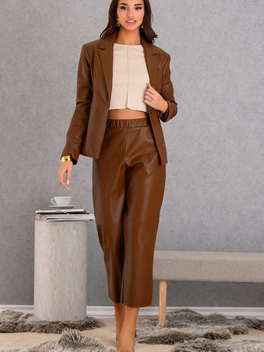 Derpouli Women's Leather Blazer Tabac Brown