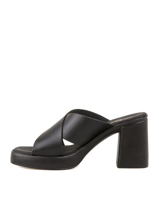 Leather Mules with High Heel in Black Color