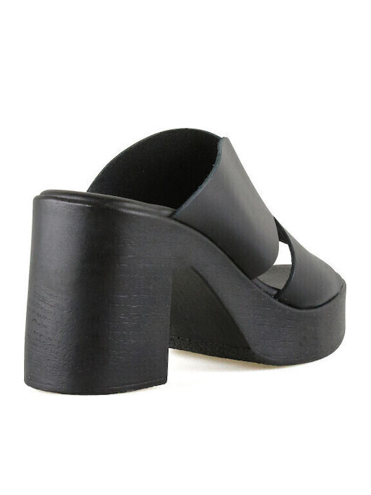 Leather Mules with High Heel in Black Color