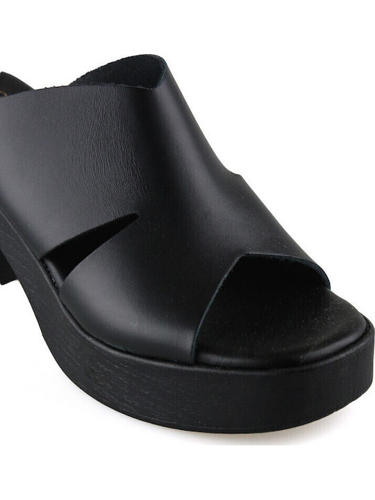 Leather Mules with High Heel in Black Color