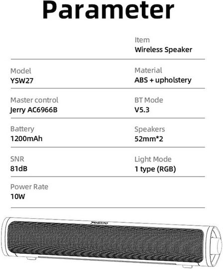 Yesido Ysw27 Bluetooth Speaker 10W with Battery Life up to 1.5 hours Black