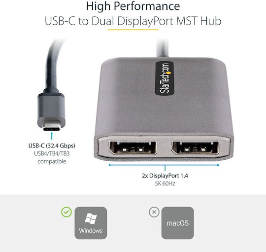 2-port Usb-c Mst Hub 4k60hz/dual-monitor Adapter Windows