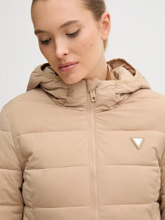 New Aleta Women's Long Puffer Jacket Double Sided for Winter with Hood Beige