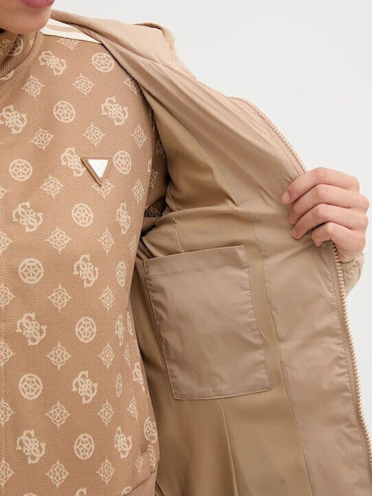 New Aleta Women's Long Puffer Jacket Double Sided for Winter with Hood Beige