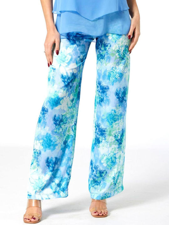 Femei Talie înaltă Din material textil Pantaloni cu Croială Dreaptă Floral Blue, Ltblue