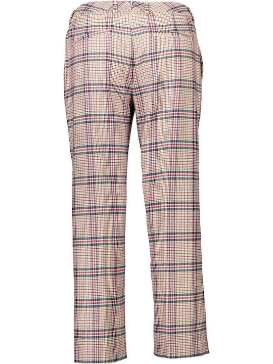 Women's Fabric Capri Trousers Slim Fit Checked Red/Navy Blue