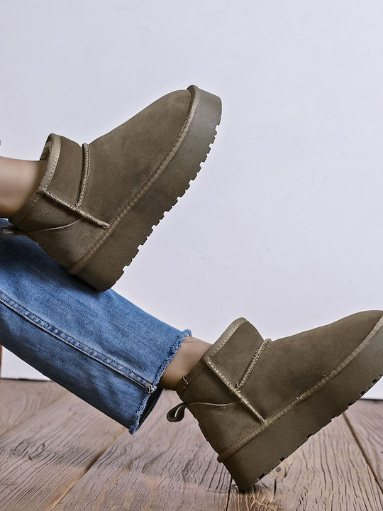 Leather Women's Ankle Boots Khaki
