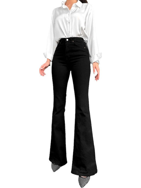 Hoch tailliert Damenjeans Schlaghose in Schlanker Passform Schwarz