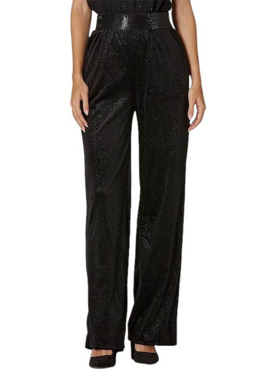 Women's High-waisted Fabric Trousers with Elastic Regular Fit Black