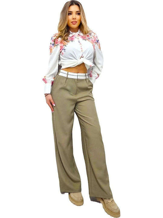 Women's Fabric Trousers Wide Line Khaki
