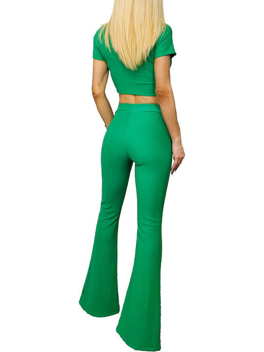 Women's Green Set with Pants Flare Striped