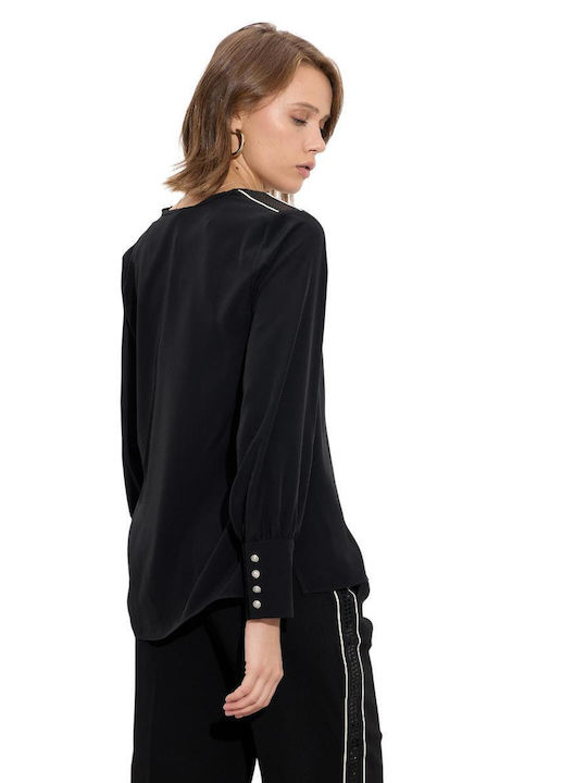 Women's Blouse Long Sleeve with V Neckline Black