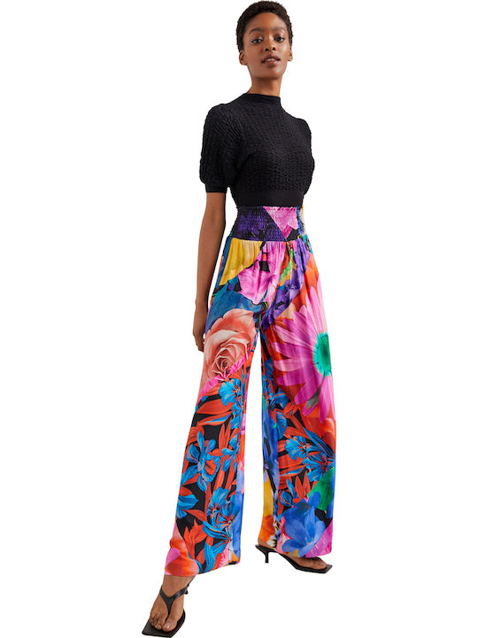 Marsella Women's High-waisted Fabric Trousers with Elastic in Palazzo Fit Floral