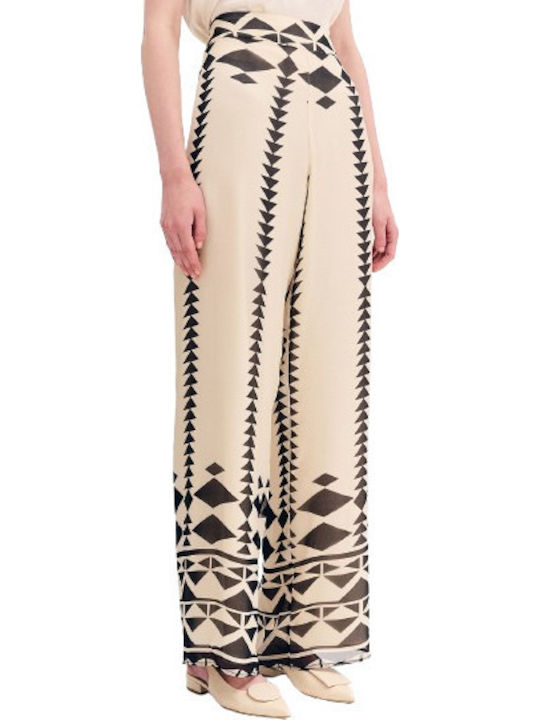 Women's Fabric Trousers with Elastic Beige-Black