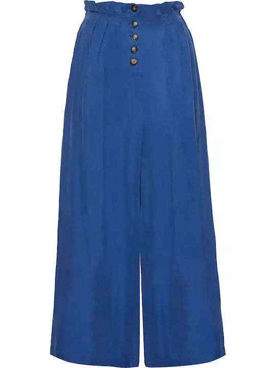 Women's High-waisted Fabric Capri Trousers with Elastic Regular Fit Azure Blue