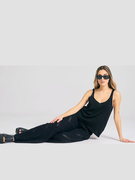 Damen Hoch tailliert Stoff Hose mit Gummizug Schwarz
