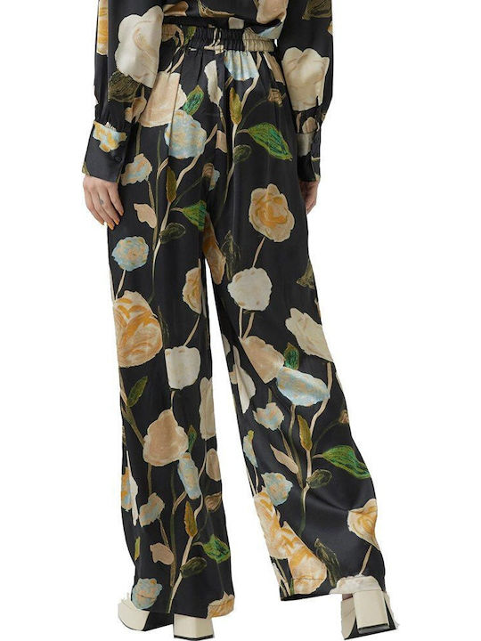 Damen Hoch tailliert Stoff Hose mit Gummizug in Weitem Schnitt Blumen Schwarz