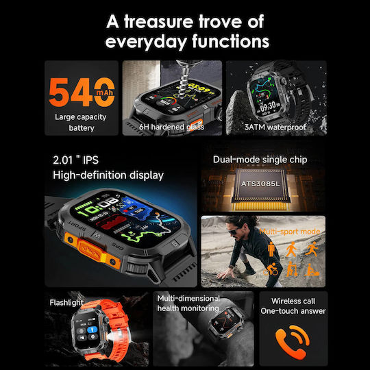 Microwear GTH3 Stainless Steel Smartwatch with Heart Rate Monitor (Orange)