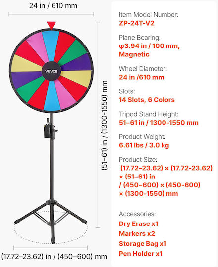 Vevor 610 Mm Τροχός Βραβείων 14 Θέσεων Τροχός Τρίποδο Ρυθμιζόμενο Ύψος Ρουλέτα Τύχης Πίνακα Γραφής 2 Μαρκαδόρους 6 Χρώματα Εύκολη Συναρμολόγηση Πάρτι Μπαρ Εμπορική Έκθεση Καρναβάλι