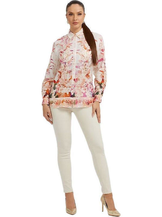 Long Sleeve Women's Linen Beige Floral Shirt