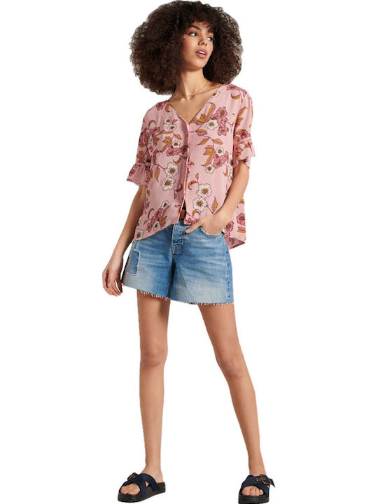 Kurzärmelig Damen Hemd Rosa Blumen