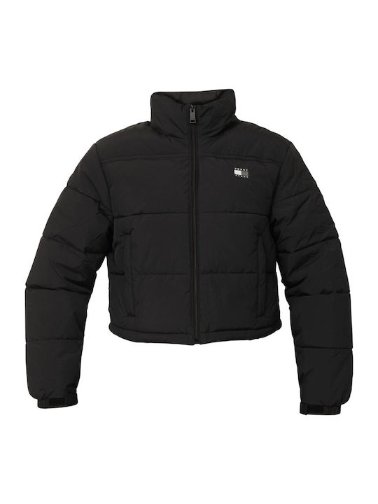 Crop Γυναικείο Puffer Μπουφάν Αδιάβροχο για Χειμώνα Μαύρο