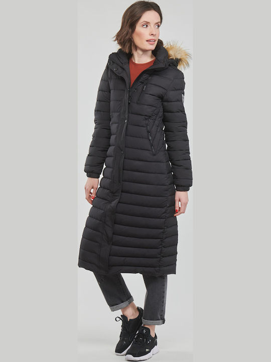 Fuji Women's Long Puffer Jacket for Winter with Hood Black