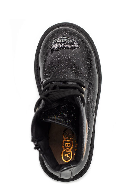 Leather Kids Military Boots with Zipper Black