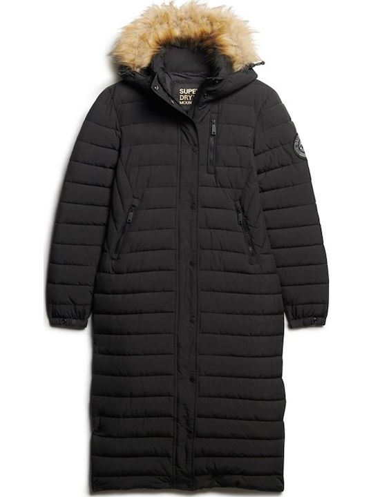 Fuji Women's Long Puffer Jacket for Winter with Hood Black
