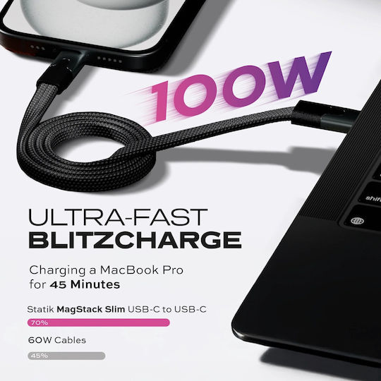 Statik MagStack Slim Pro Flat / Magnetic / Braided USB 2.0 Cable USB-C male - USB-C 100W PD Μαύρο 1m