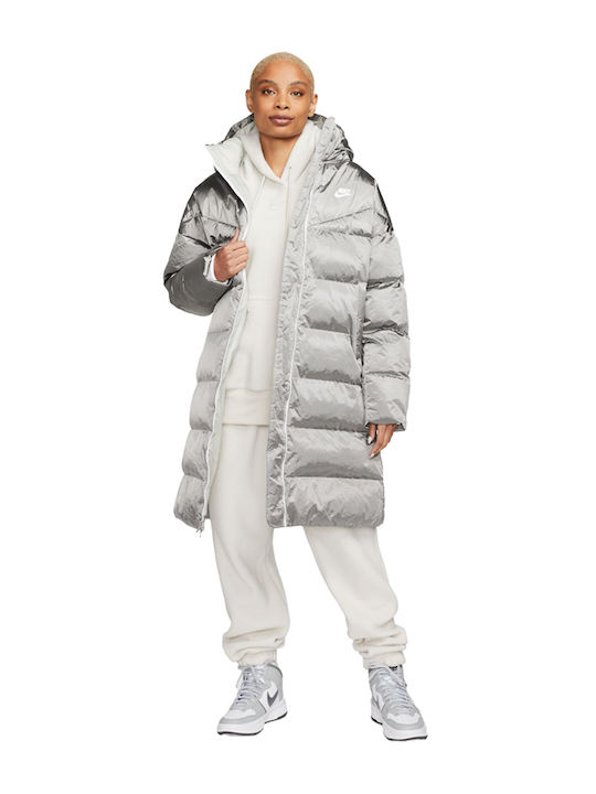 Therma Fit City Μακρύ Γυναικείο Puffer Μπουφάν για Χειμώνα Ασημί