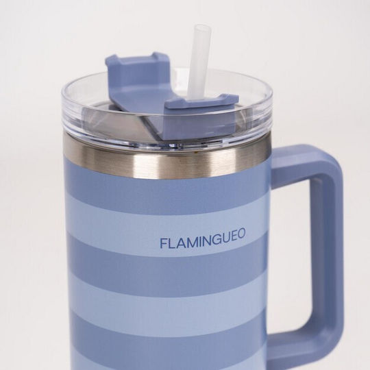 Flamingueo Handled Tumbler Stainless Steel Thermos Bottle 1.18L Blue with Straw and Handle