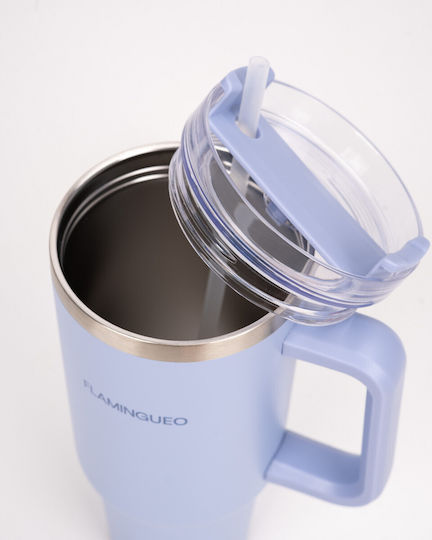 Flamingueo Handled Tumbler Θερμός Ανοξείδωτο 1.18lt Σιέλ με Καλαμάκι και Λαβή