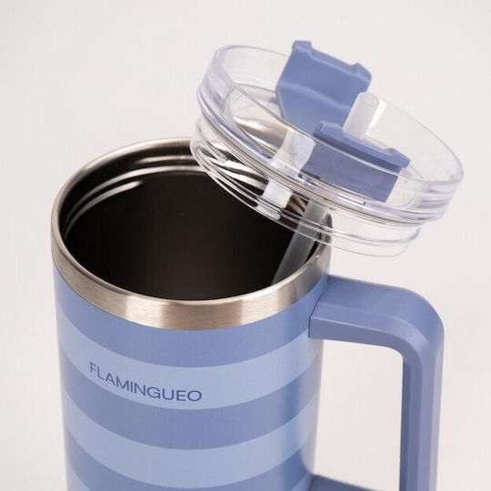 Flamingueo Handled Tumbler Stainless Steel Thermos Bottle 1.18L Blue with Straw and Handle