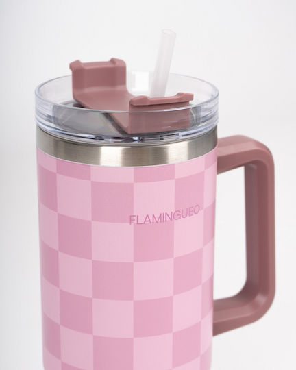 Flamingueo Bottle Thermos Stainless Steel 1.18lt Pink with Straw and Handle