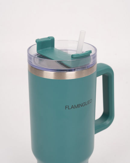 Flamingueo Handled Tumbler Θερμός Ανοξείδωτο 1.18lt Σκούρο Πράσινο με Καλαμάκι και Λαβή