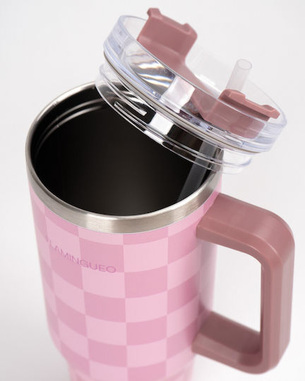 Flamingueo Bottle Thermos Stainless Steel 1.18lt Pink with Straw and Handle