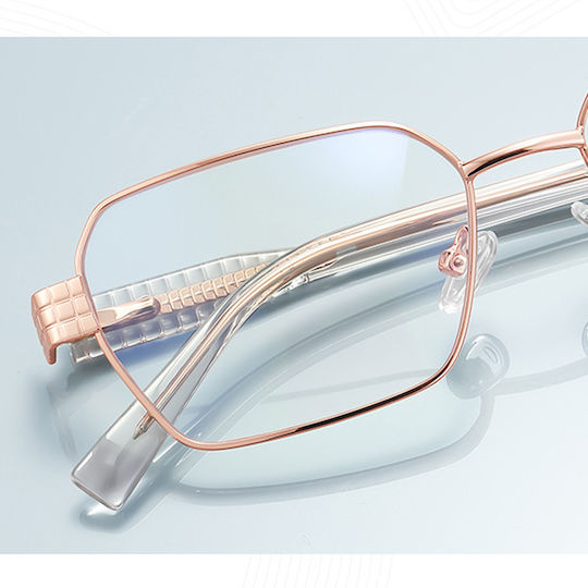 Techsuit Anti-Blue Light Glasses Reflex PC 3161 Women Rectangle Metal Frame AC Lens Rose Gold