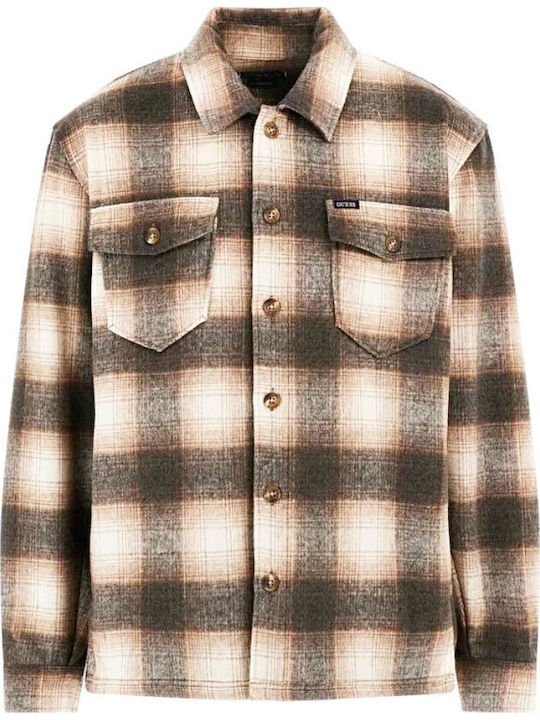 Μακρυμάνικo Overshirt σε Κανονική Γραμμή Καρό Μπέζ