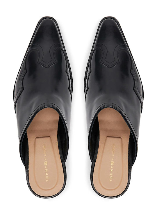 Leather Mules with Heel in Black Color