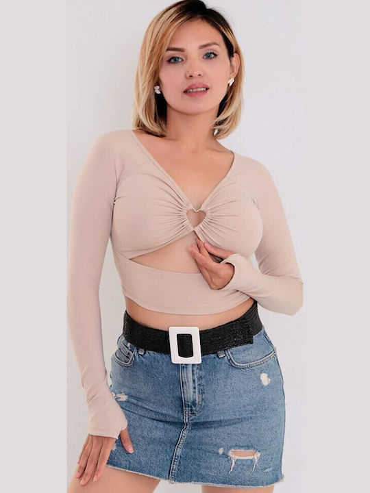 Bluza Damă Crop Top Mânecă Lungă Crem