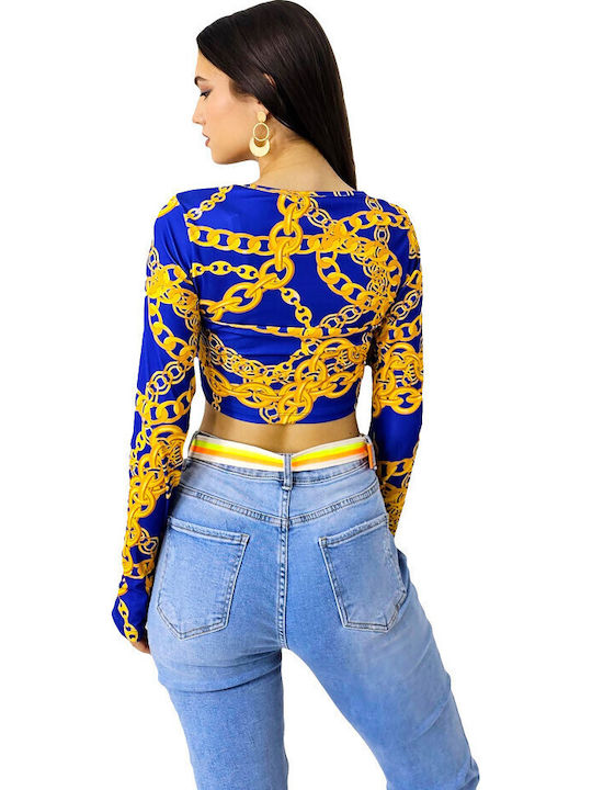 Damen Sommer Crop Top Langarm Blue
