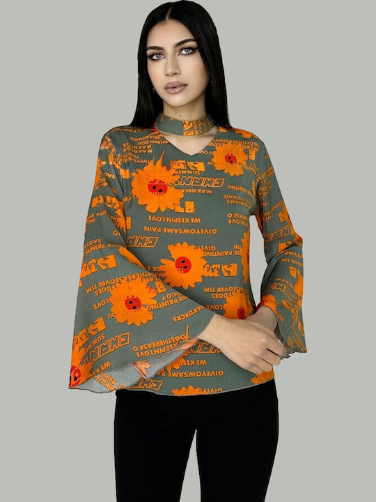 Bluza Damă De Vară Mânecă Lungă Cu Decolteu Tip Zâmbet Floral Portocaliu